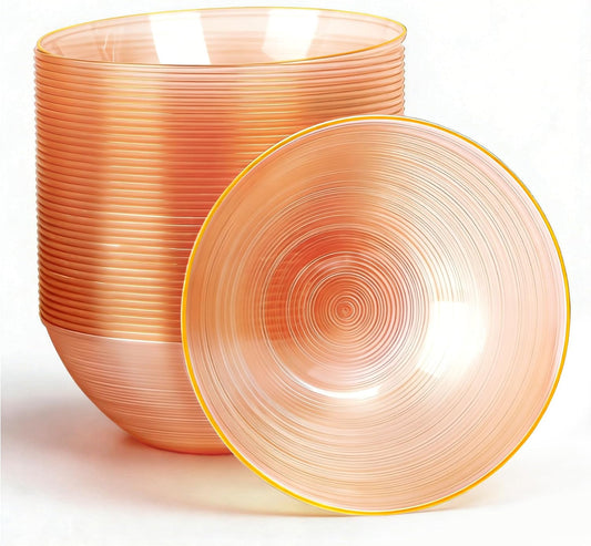 50 Pack 16 Oz Plastic Bowls with Gold Rim, Disposable Soup Bowls, Heavy Duty Dessert Bowls for Mother's Day, Parties, Wedding and Everyday Use, Pink