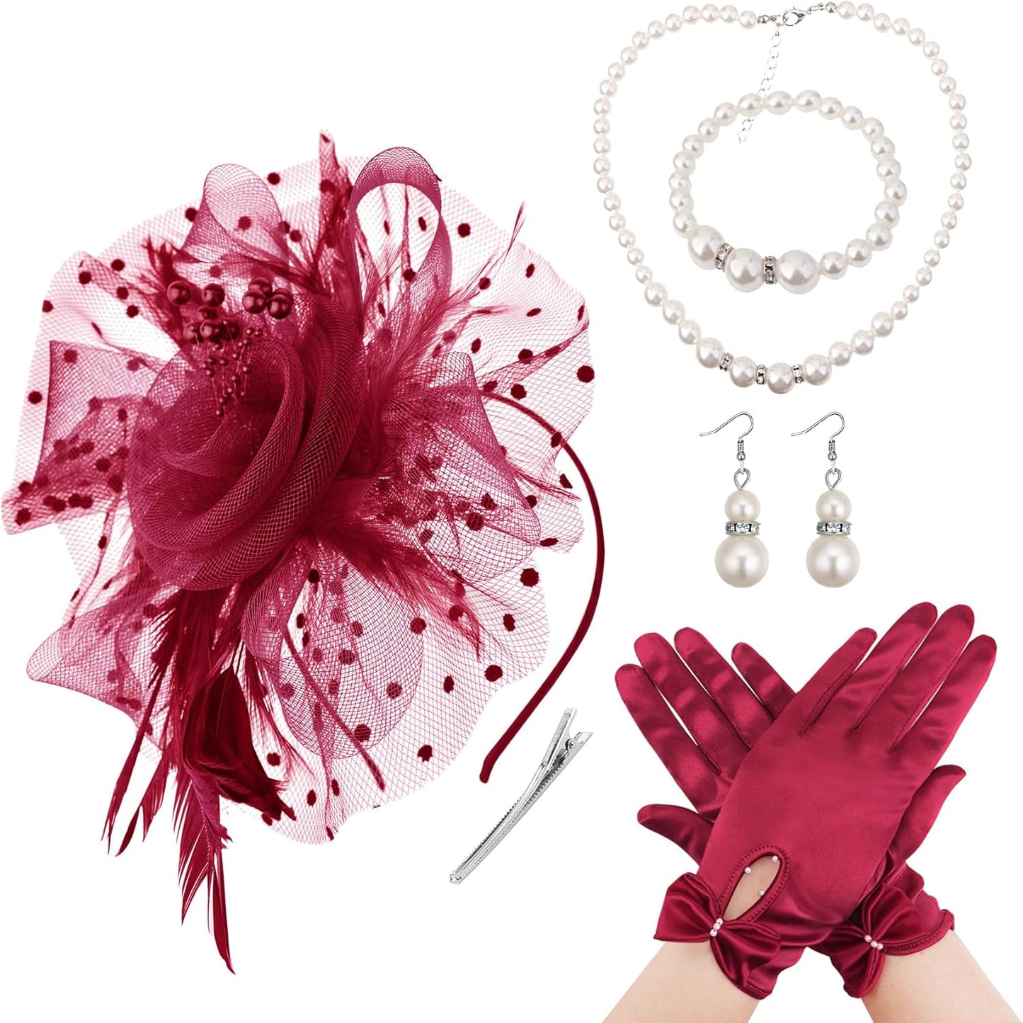 DRESHOW Fascinators Hat Flower Mesh Ribbons Feathers on a Headband and a Clip Tea Party Headwear for Girls and Women - Colors B