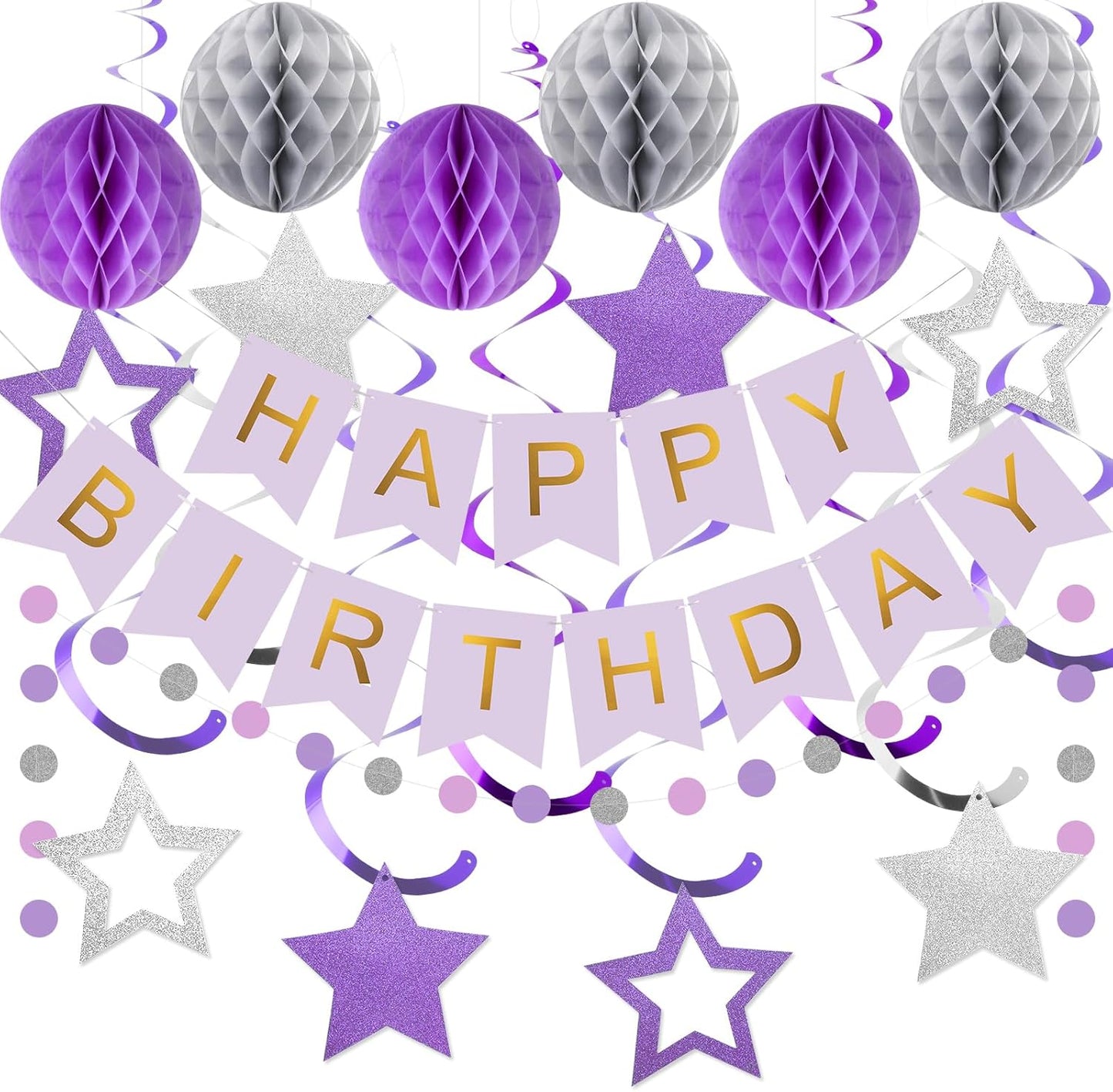 meowtastic Birthday Decorations, Happy Birthday Banner with Honeycomb Balls, Stars Hanging Swirl Streamers, Circle Dots Garland, Happy Birthday Party Decorations for Women Men Boys Girls (Blue)