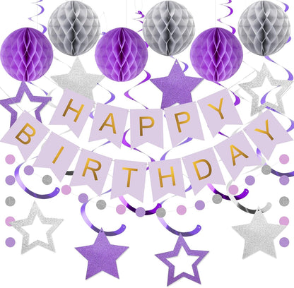 meowtastic Birthday Decorations, Happy Birthday Banner with Honeycomb Balls, Stars Hanging Swirl Streamers, Circle Dots Garland, Happy Birthday Party Decorations for Women Men Boys Girls (Blue)