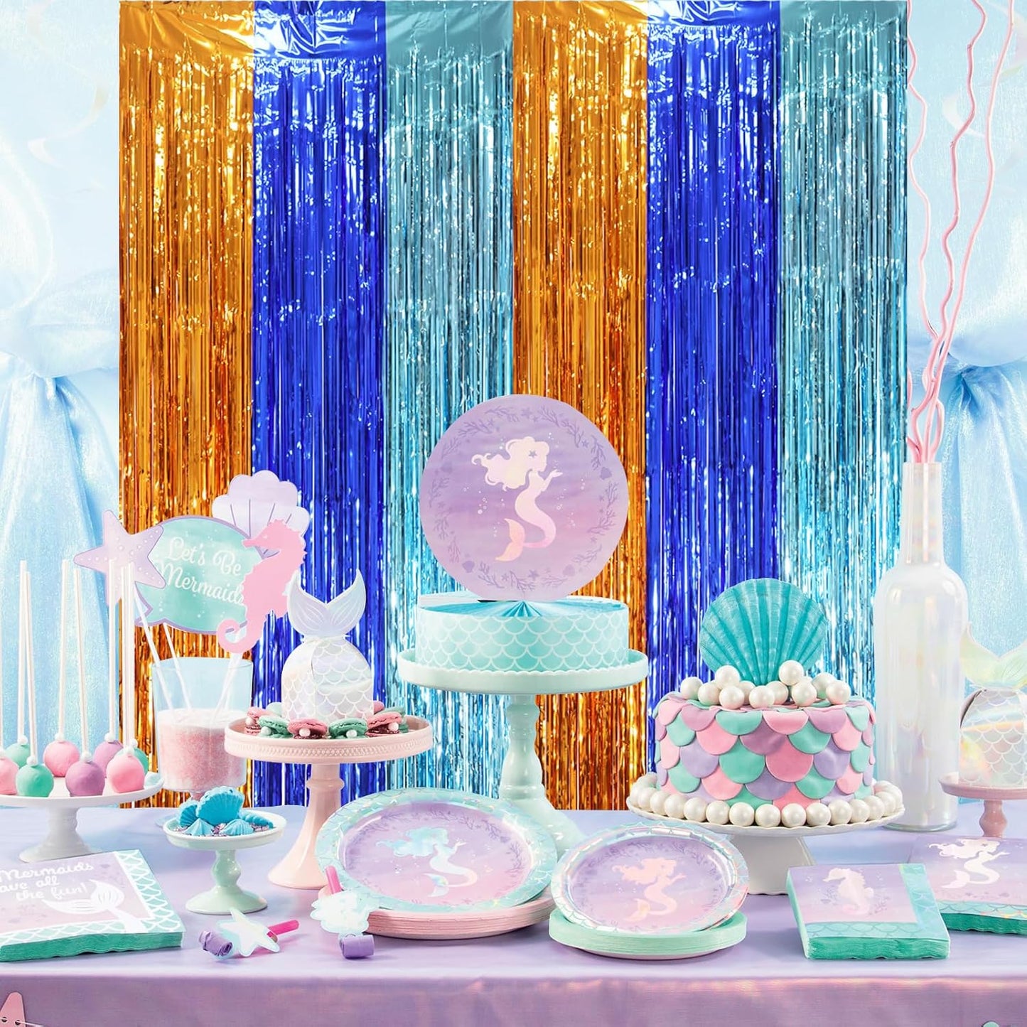 Voircoloria 3 Pack 3.3x8.2 Feet Gold Foil Fringe Backdrop Curtains, Tinsel Streamers, Fringe Backdrop for 2025 New Years Eve, Graduation, Birthday, Baby Shower, Gender Reveal, Disco Party - Colors B
