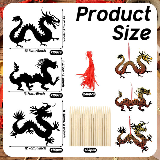 Motipuns 48 Sets Magic Color Scratch Chinese New Year Dragons, Include 48 Scratch Cards, 24 Styluses, 48 Red Strings for Creative Fun and Festive Decor