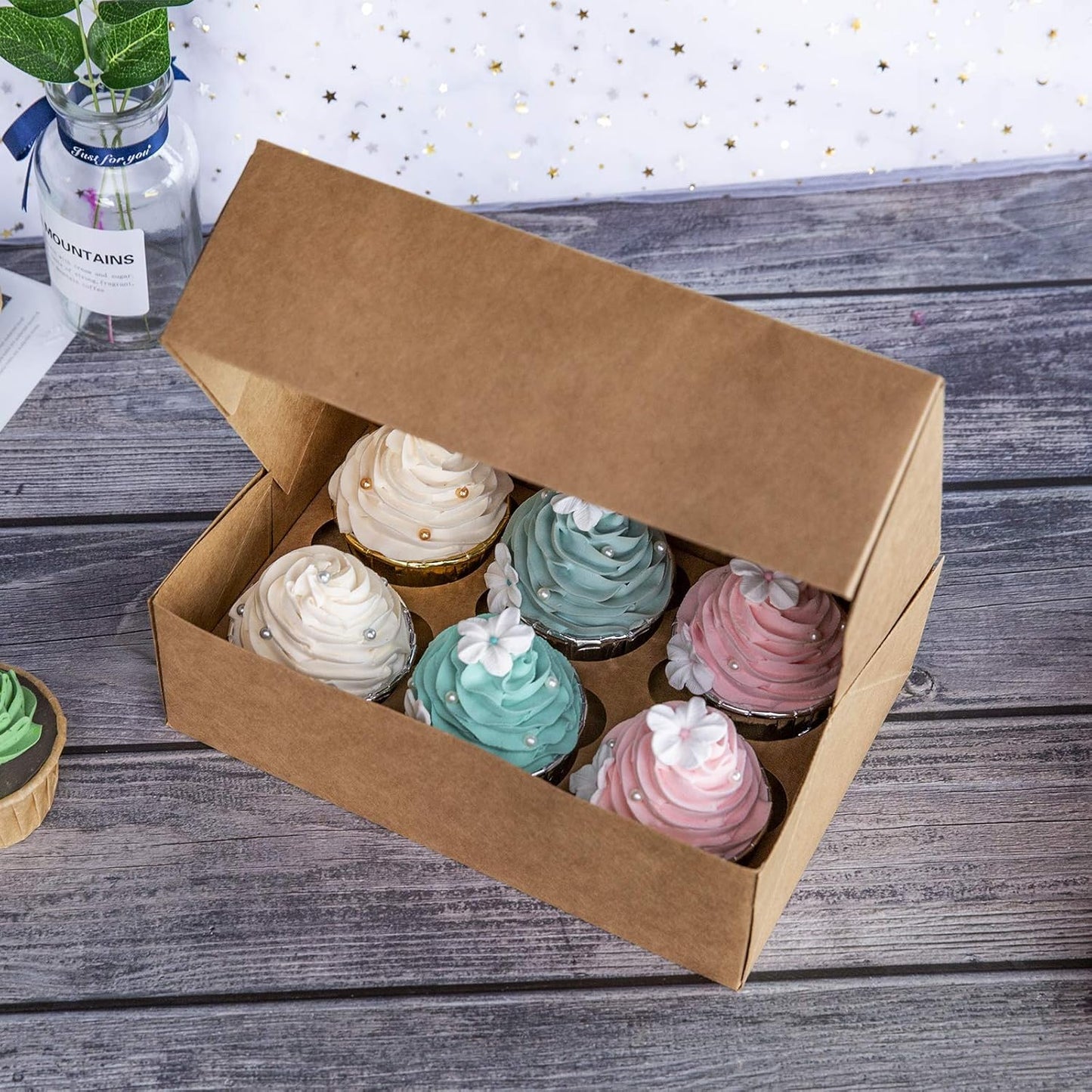 ONE MORE Cupcake Boxes with Inserts 6 Holders,9.5x6.3x3inch Large Brown Kraft Standard Bakery Boxes with Window Food Grade Cake Carrier Container for Muffins Gift Treat Box Bulk,Pack of 15