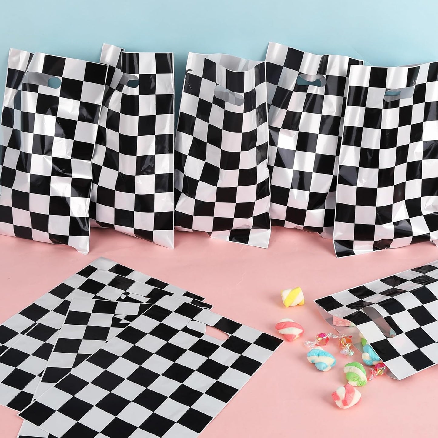 Mikzhskr 30Pcs Race Car Party Favors Bag Goodie bags Racing in Speed Party Decorations Soccer Theme Black and White Checkered Candy Bags with Handles for Kids Race Car Birthday Party Supplies