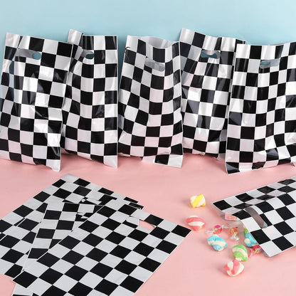 Mikzhskr 30Pcs Race Car Party Favors Bag Goodie bags Racing in Speed Party Decorations Soccer Theme Black and White Checkered Candy Bags with Handles for Kids Race Car Birthday Party Supplies