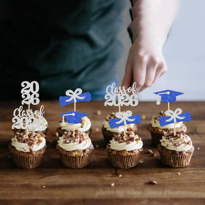 36 PCS 2026 Graduation Theme Cupcake Toppers Glitter Class of 2026 Grad Cap Diploma Cupcake Picks 2026 Graduation Theme Party Cake Decorations Supplies Deep Blue