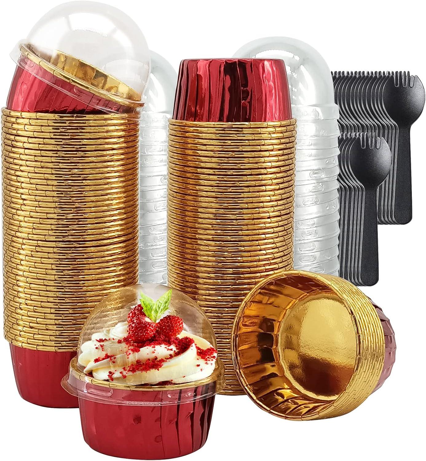 Cupcake Liners with Lids 50 Pack,LNYZQUS 5oz Large Foil Cupcake Cups Muffin Tins,Disposable Baking Cups Muffin Liners Wrappers Holders for Wedding Valentine-Pink in gold