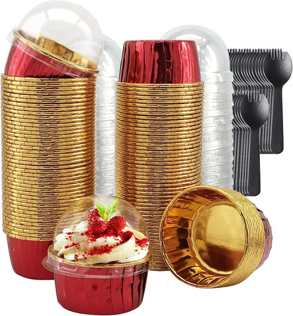 Cupcake Liners with Lids 50 Pack,LNYZQUS 5oz Large Foil Cupcake Cups Muffin Tins,Disposable Baking Cups Muffin Liners Wrappers Holders for Wedding Valentine-Pink in gold