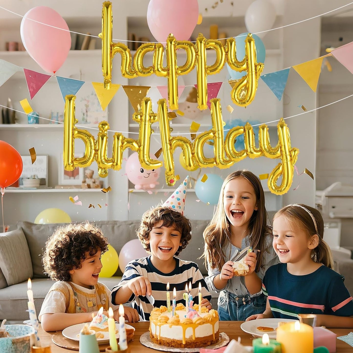 Happy Birthday Balloons Banner Foil Letters Balloons Connected, Personalized Birthday Signs for Women Men Boys Girls Birthday Party Decorations, Small Gold