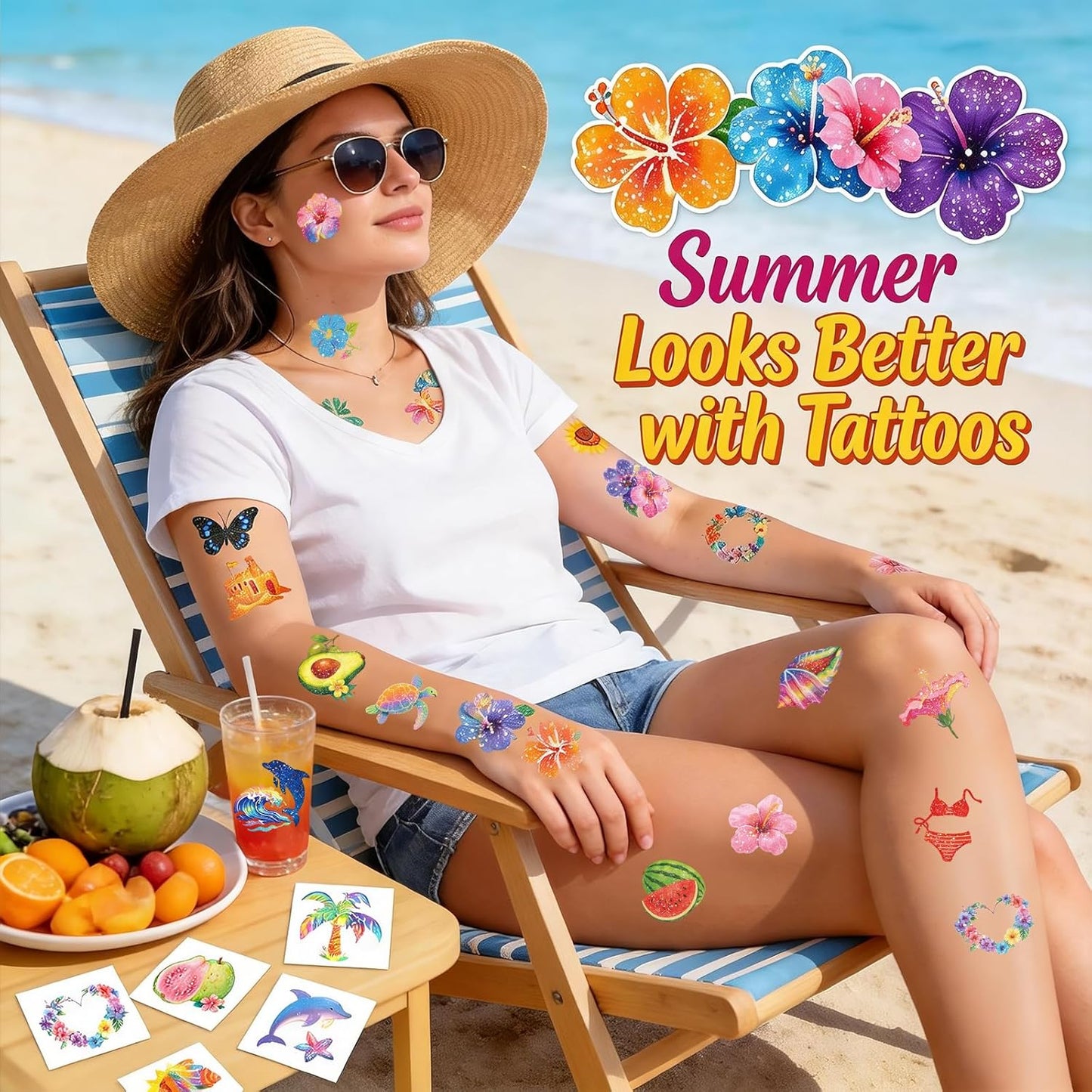 96 PCS Glitter Hawaiian Pre-Cut Temporary Tattoos, Tropical Fake Tattoo Stickers for Luau Party, Aloha Theme, Beach Summer Party Decorations & Party Favors
