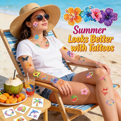 96 PCS Glitter Hawaiian Pre-Cut Temporary Tattoos, Tropical Fake Tattoo Stickers for Luau Party, Aloha Theme, Beach Summer Party Decorations & Party Favors
