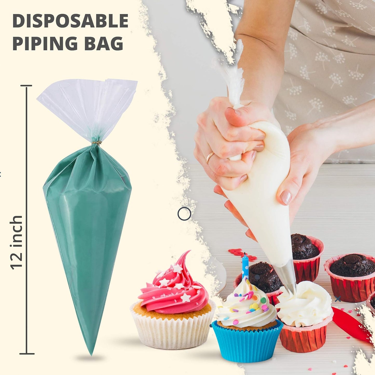 Riccle Piping Bags and Tips Set, 11.8 Inch 100 Anti Burst Piping Bags, 124 Pcs Cake Decorating Kit with 16 Piping Tips, 1 Reusable Pastry Bags, 3 Cake Scrapers, 2 Couplers, and 2 Icing Bags Ties