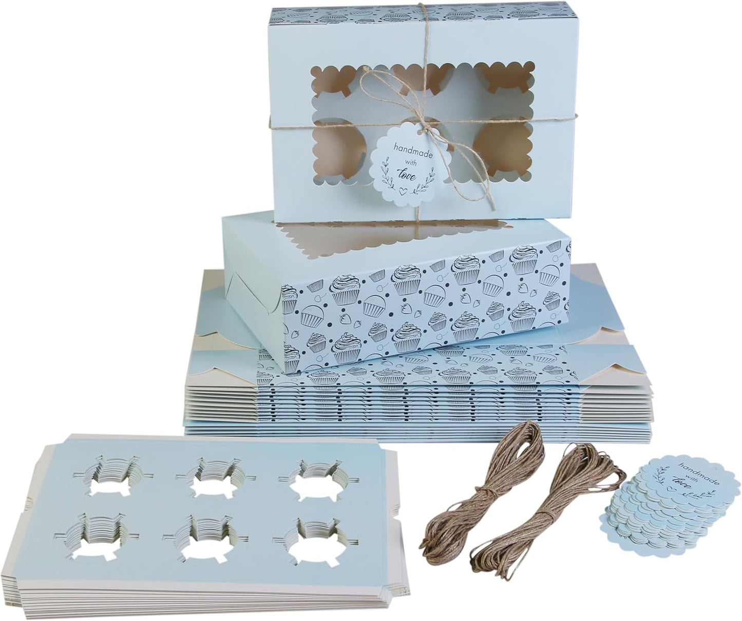 20-Pack Brown Cupcake Boxes with Insert Trays, Tags and Twine | Food Grade Kraft Bakery Boxes with Window to Fit 6 Cupcakes