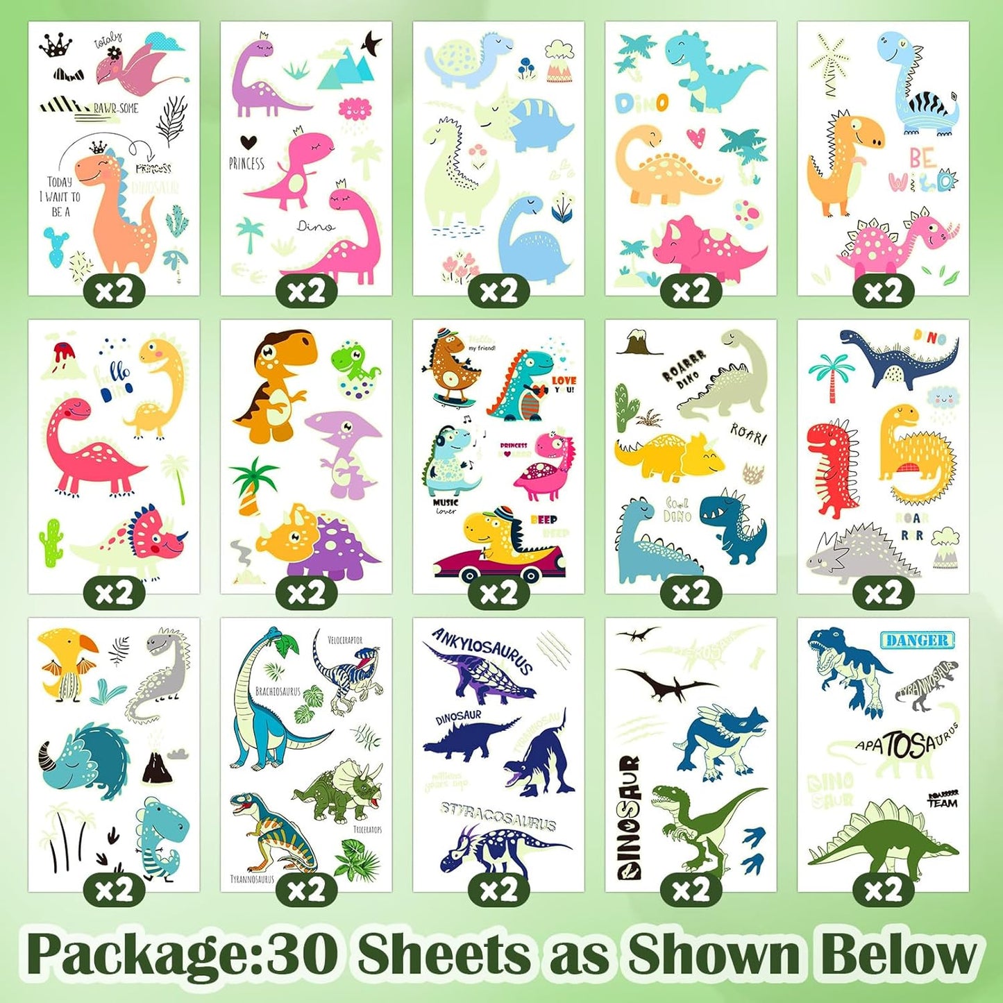 Partywind 380 Styles (30 Sheets) Luminous Tattoos for Kids, Mixed Styles Temporary Tattoos Stickers with Mermaid/Dinosaur/Space/Pirate for Boys and Girls, Glow Party Supplies