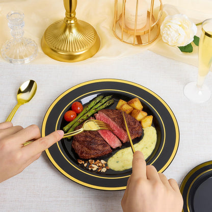 BESTVIP 200PCS Gold Plastic Plate, Disposable Party Plates with 100 Dinner Plates and 100 Dessert Plates, Plastic Plates for Party, Wedding and Birthday