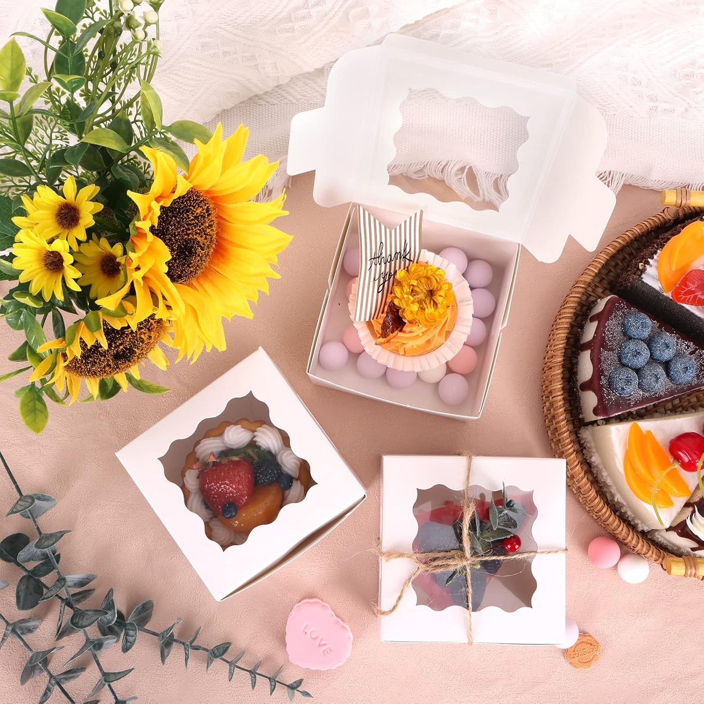 Moretoes 120pcs White Bakery Boxes, 4x4x2.5 Inch Cookie Boxes with Window for Small Cake, Treats, Donuts, Candy