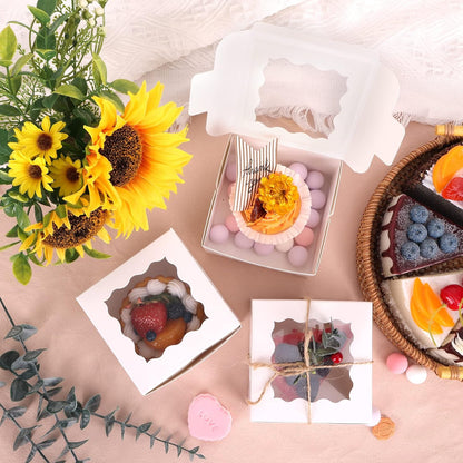 Moretoes 120pcs White Bakery Boxes, 4x4x2.5 Inch Cookie Boxes with Window for Small Cake, Treats, Donuts, Candy