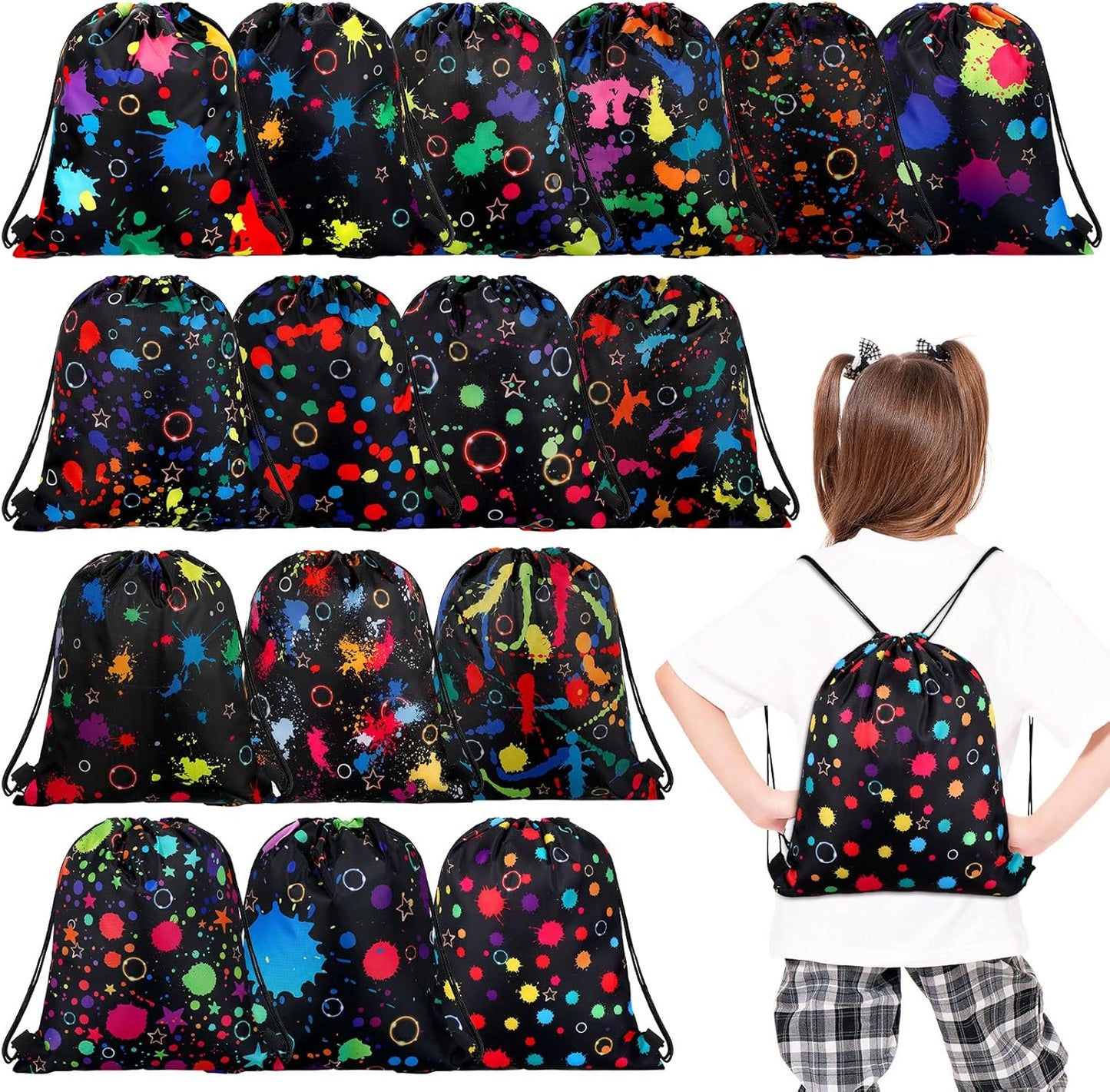 Funtery 32 Pcs Glow Party Drawstring Bags Glow Party Favors Neon Birthday Treat Bags for Teens Social Media Theme Gifts School Travel Supplies, 11.81 x 9.84 Inch