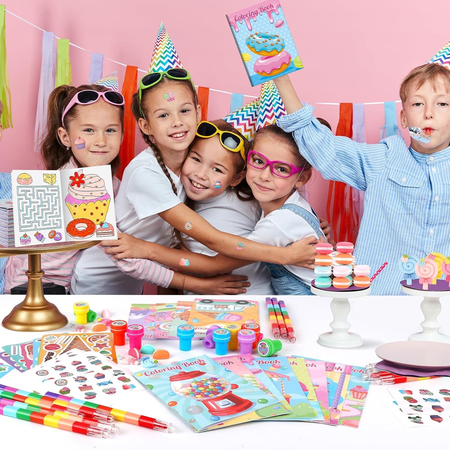 BenLouis 84Pcs Candyland Party Favors Ice Cream Donut Coloring Book Crayon Stickers Set Bulk for Kids Cupcake Lollipop Sweet Treats Birthday Gift Bag Desserts Pinata Filler Classroom Reward Crafts