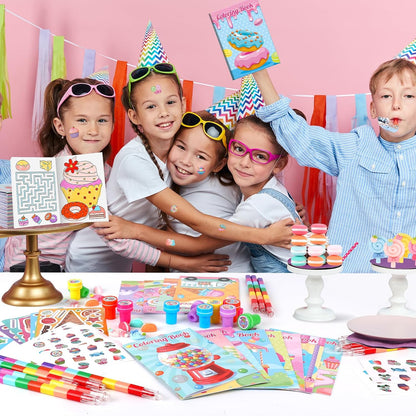 BenLouis 84Pcs Candyland Party Favors Ice Cream Donut Coloring Book Crayon Stickers Set Bulk for Kids Cupcake Lollipop Sweet Treats Birthday Gift Bag Desserts Pinata Filler Classroom Reward Crafts