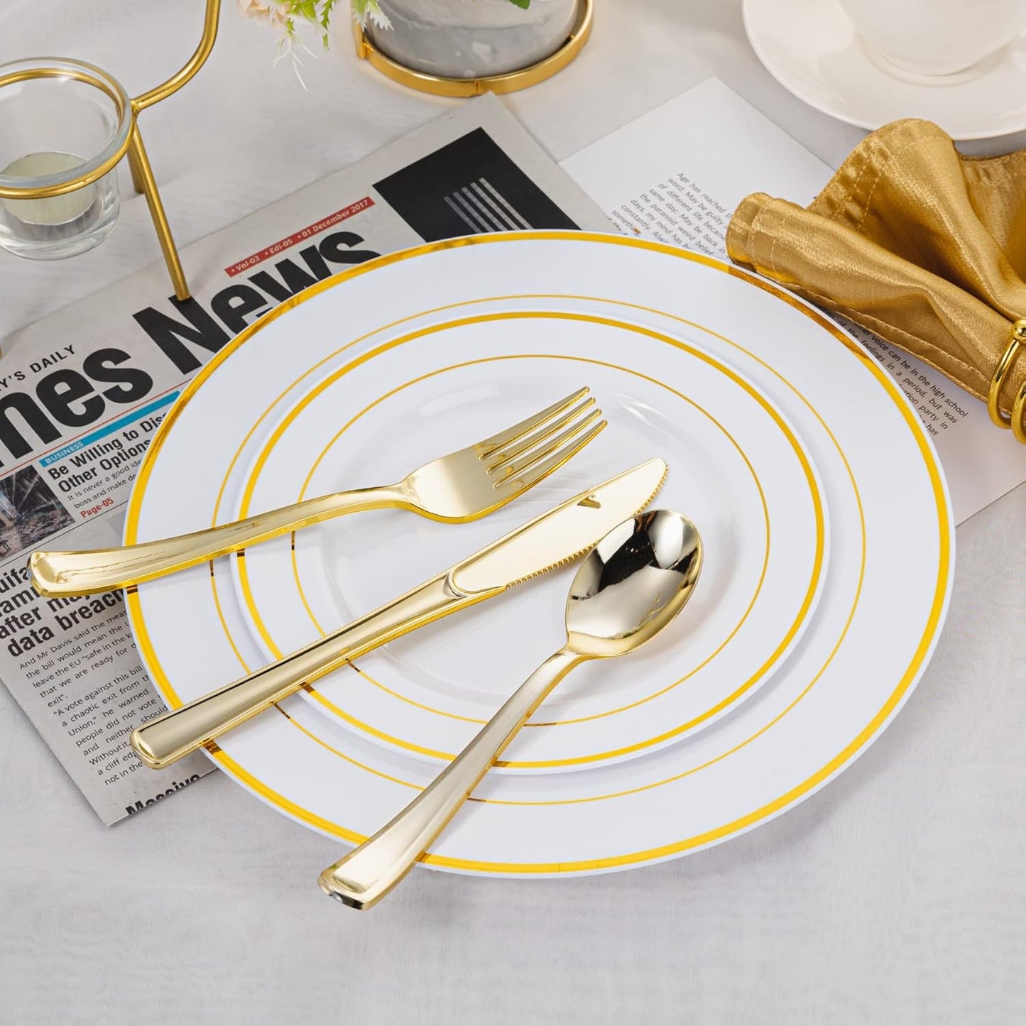 N9R 300PCS Gold Plastic Silverware, Heavy Duty Gold Plastic Cutlery Set Disposable Flatware Dinnerware, 100 Forks, 100 Spoons, 100 Knives, Perfect for Party, Wedding and Daily Use