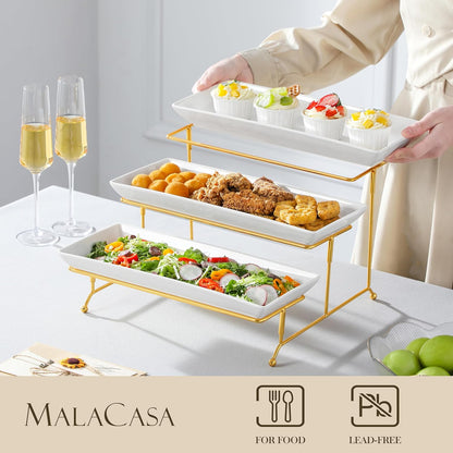 MALACASA 3 Tier Serving Trays for Party, Porcelain Serving Platters and Trays, 12 Inch Tiered Tray Stand, Fruit Tray, Trays for Serving Food, White Dessert Stand with Collapsible Sturdier Metal Rack