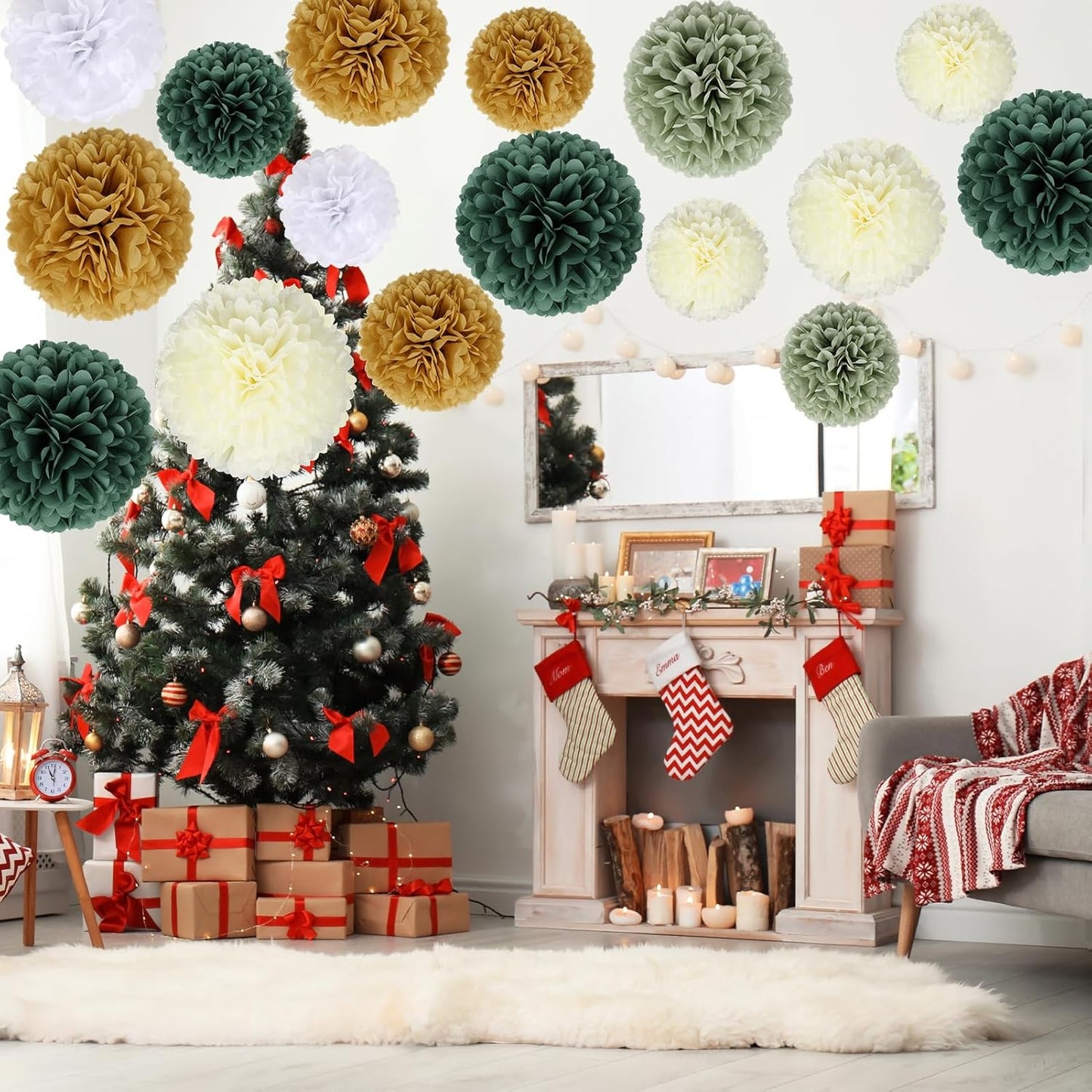 BestoFun 16 PCS Sage Green Party Decorations Tissue Paper Flowers Christmas Party Decors Hanging Pom Poms Decorations for Xmas New Year Winter Holiday Decorations