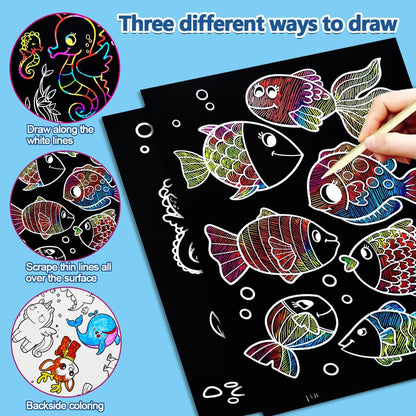 BAOXUE Scratch Art for Kids, Mermaids Black Rainbow Scratch Paper Set-Arts And Crafts & Supplies, DIY Activity & Party Games, Mermaid Toys Gifts for Toddlers, Girls