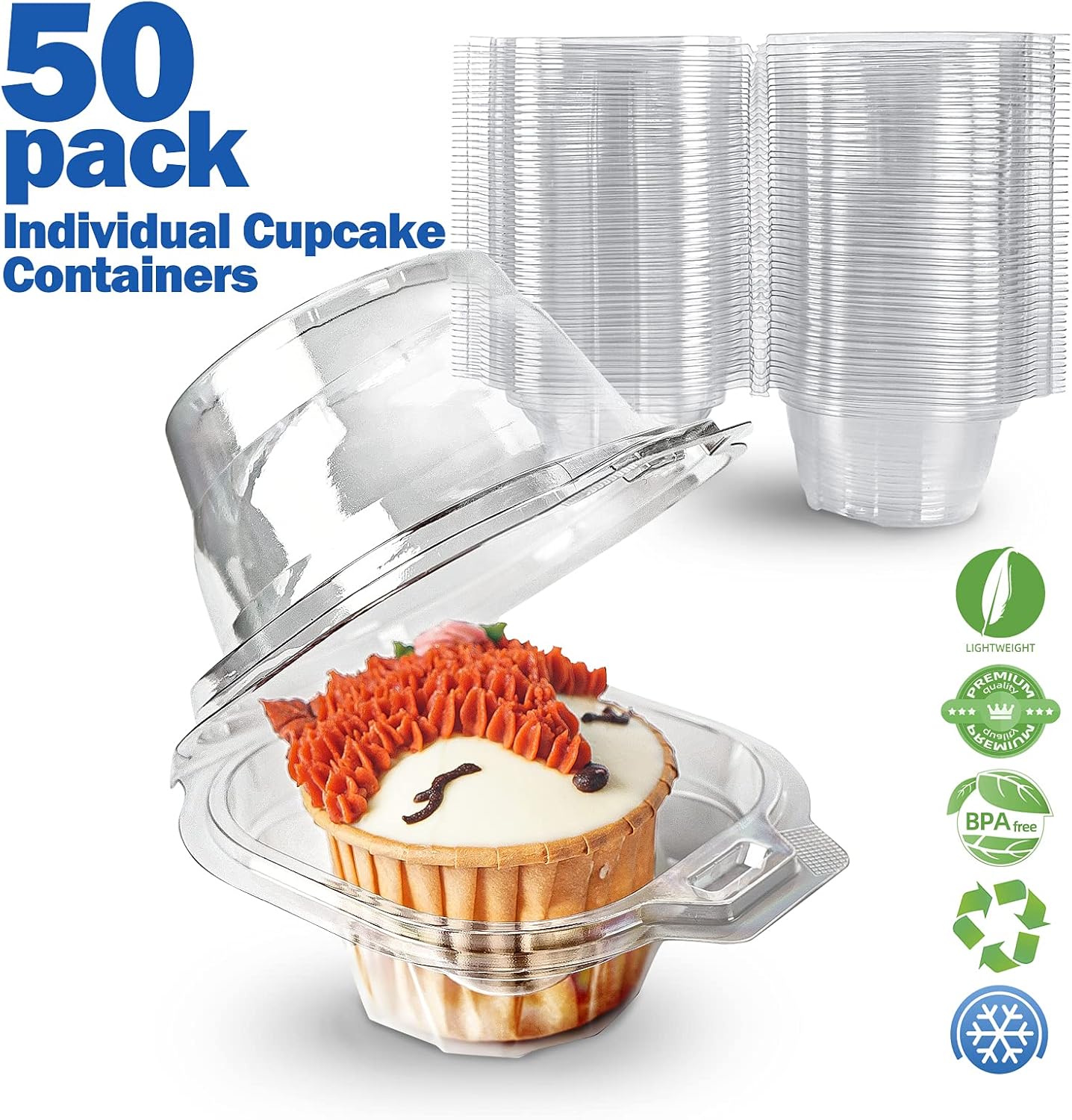 100 Packs Individual Cupcake Containers Stackable Single Compartment Cupcake Disposable Carrier Holder Box Deep Dome Clear Plastic BPA-free (100 PCs)