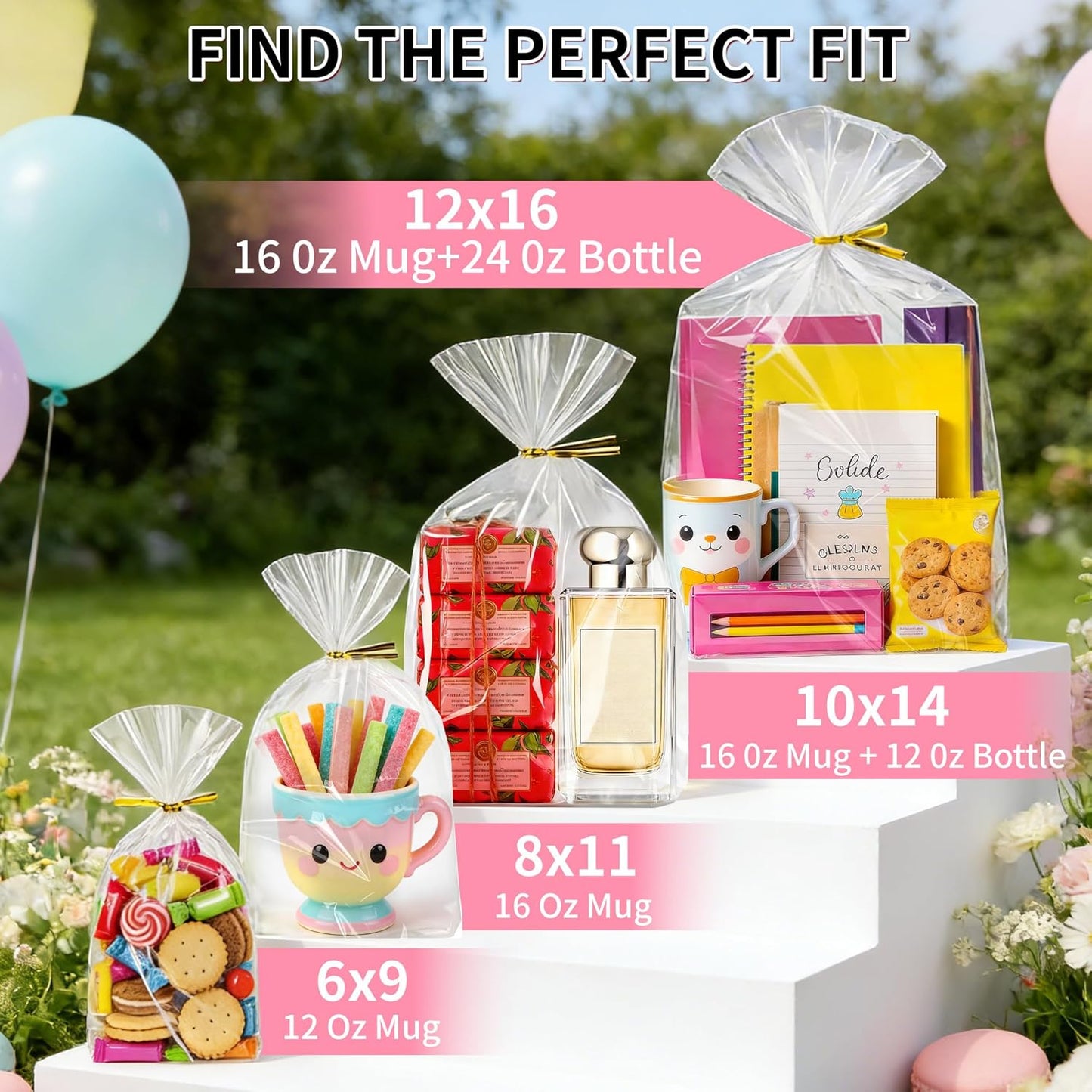 Soarvita 7x10 Inch Cellophane Treat Bags, 50 Pcs Clear Gift Bags with Bottom Gusset for Stand-Up Display, Cellophane Gift Wrap with 60 Gold Ties for Goodies, Treats, Candy, Party Favors, Toys
