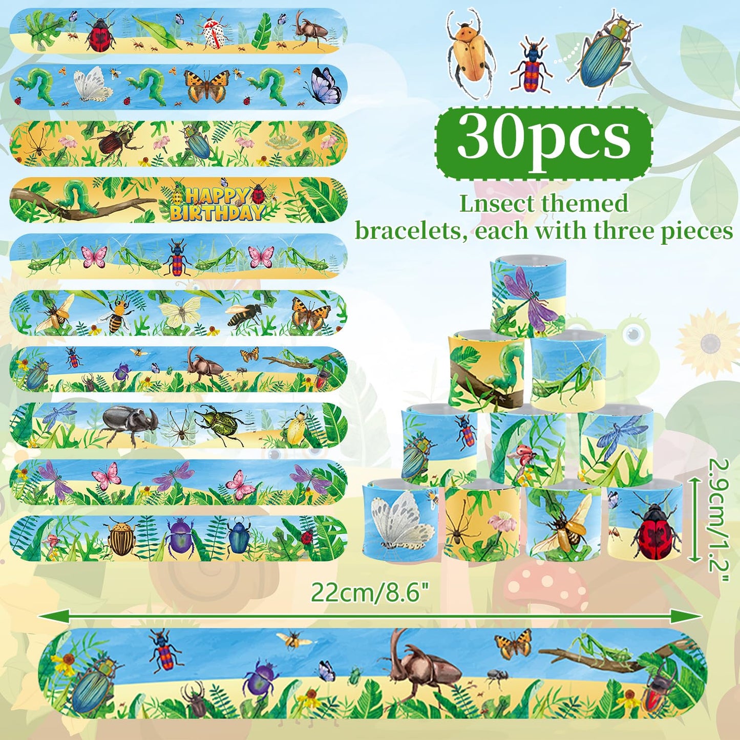 60PCS Bugs Party Set, 30PCS Temporary Tattoos, 30PCS Slap Bracelets, Insect Themed Birthday Supplies, Garden Reptile Party decoration, Baby Shower Gifts, Classroom Rewards, Decor for Kids