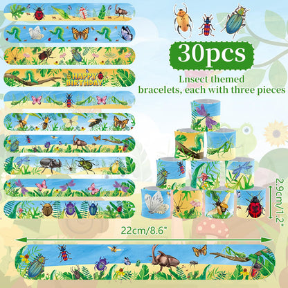 60PCS Bugs Party Set, 30PCS Temporary Tattoos, 30PCS Slap Bracelets, Insect Themed Birthday Supplies, Garden Reptile Party decoration, Baby Shower Gifts, Classroom Rewards, Decor for Kids