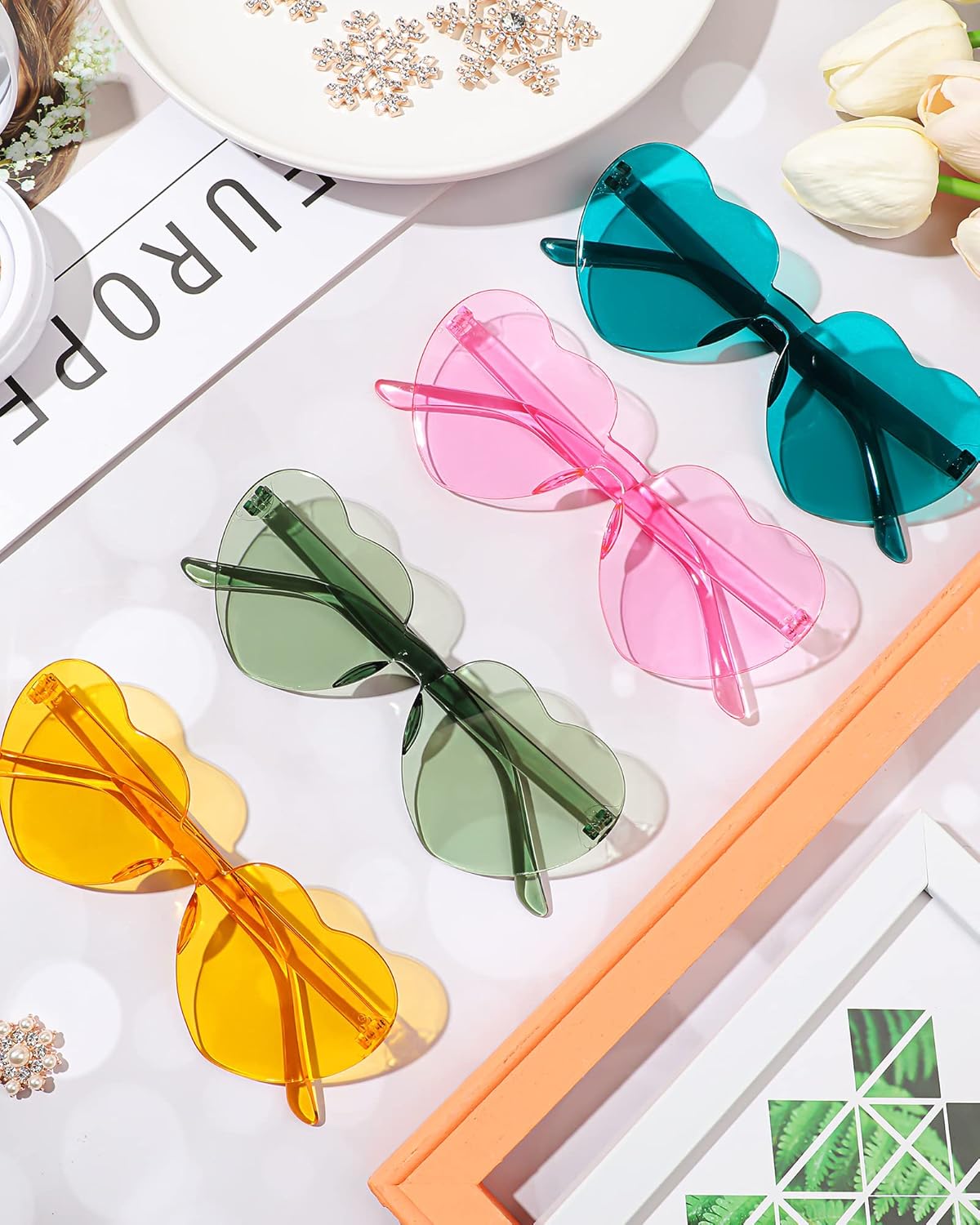 Frienda 20 Pairs Heart Shaped Sunglasses Rimless Candy Color Glasses for Women Men Party Favor