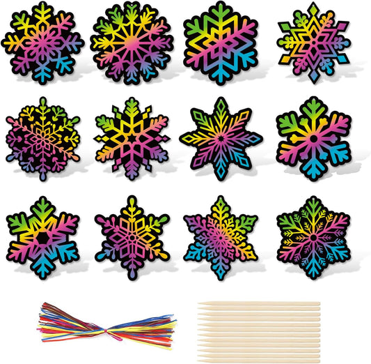 HOWAF 36pcs Snowflake Scratch Art for Kids, Rainbow Paper Hanging Wonderland Decorations Ornaments, Winter Arts Crafts for Christmas Birthday Party Bag Fillers
