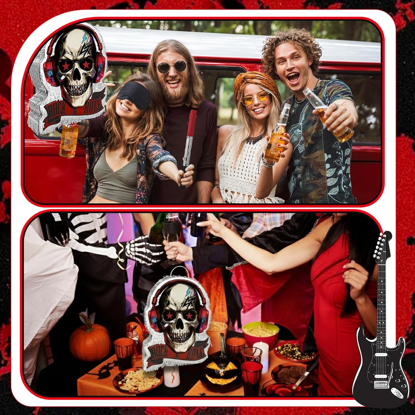 Rock and Roll Skeleton Piñata with Headphones Design Blindfold Hitting Stick Confetti for Music Themed Birthday Party (15.56 x 13.19 x 2.76 inch)