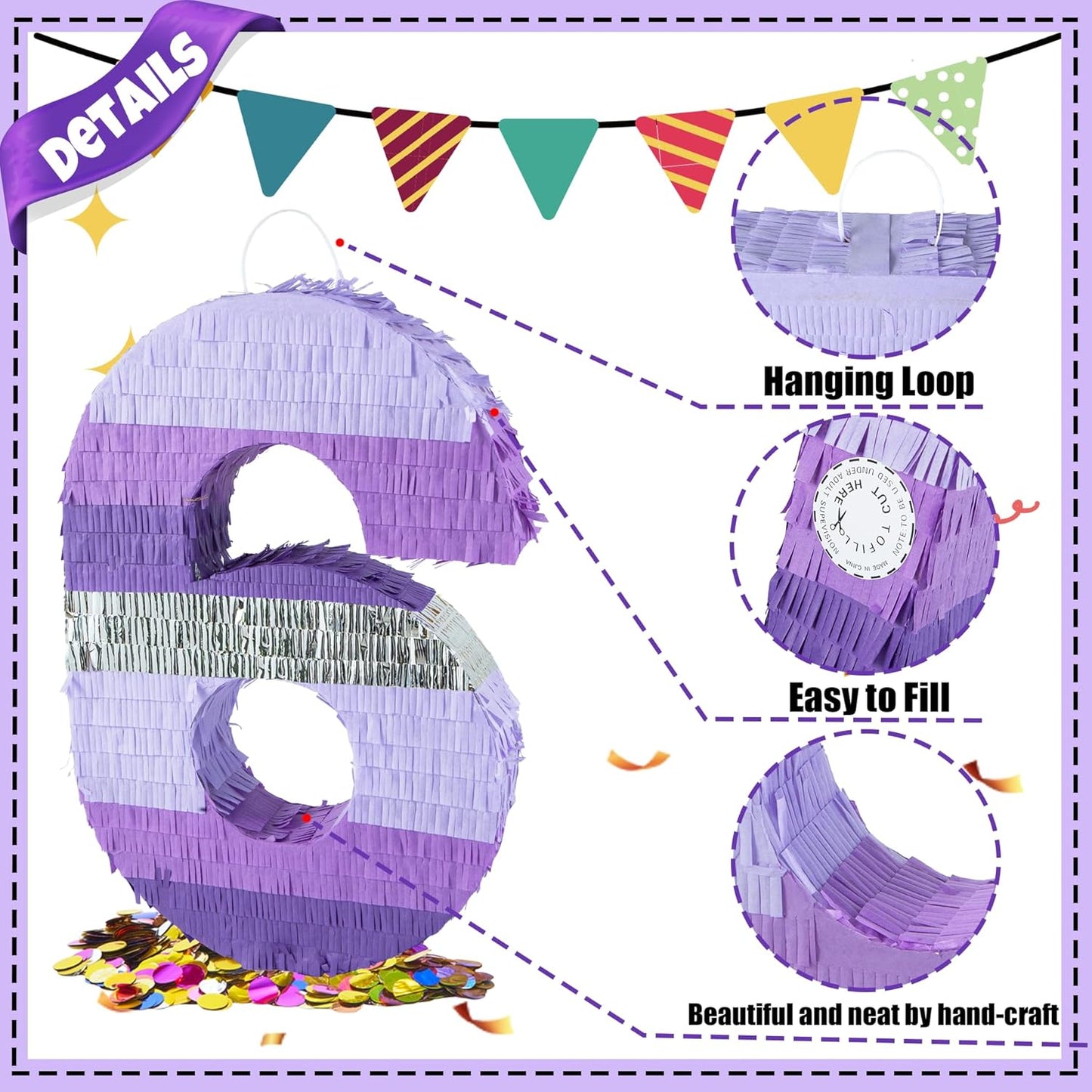 PCFING 20 Inch Number 1 Piñata Purple Silver with 30 Inch Piñata Stick Blindfold Confetti for Boy Girl Kids Birthday Party Decorations, Anniversary Celebration, Fiesta