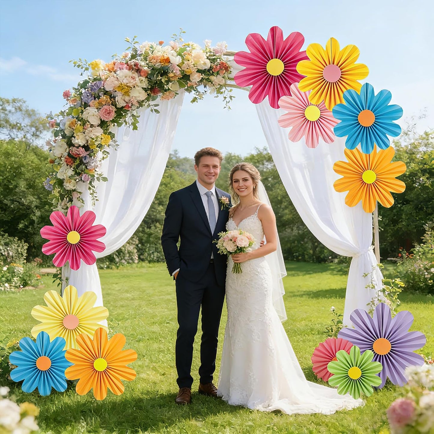 PAPER JAZZ Paper Flowers with Paper Fan Boho Hanging Decor Artificial Flowers Decorations for Wall Pink and Orange Party Decorations for Classroom, Beach Party, Summer Birthday Party Pack of 11.