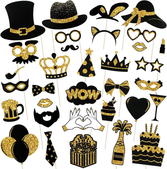 36PCS Black and Gold Photo Booth Prop, Birthday Party Photo Booth Props for Photoshoot Birthday Party Photobooth New Year Graduation Anniversary Party Supplies Graduation Decorations Mother's Day