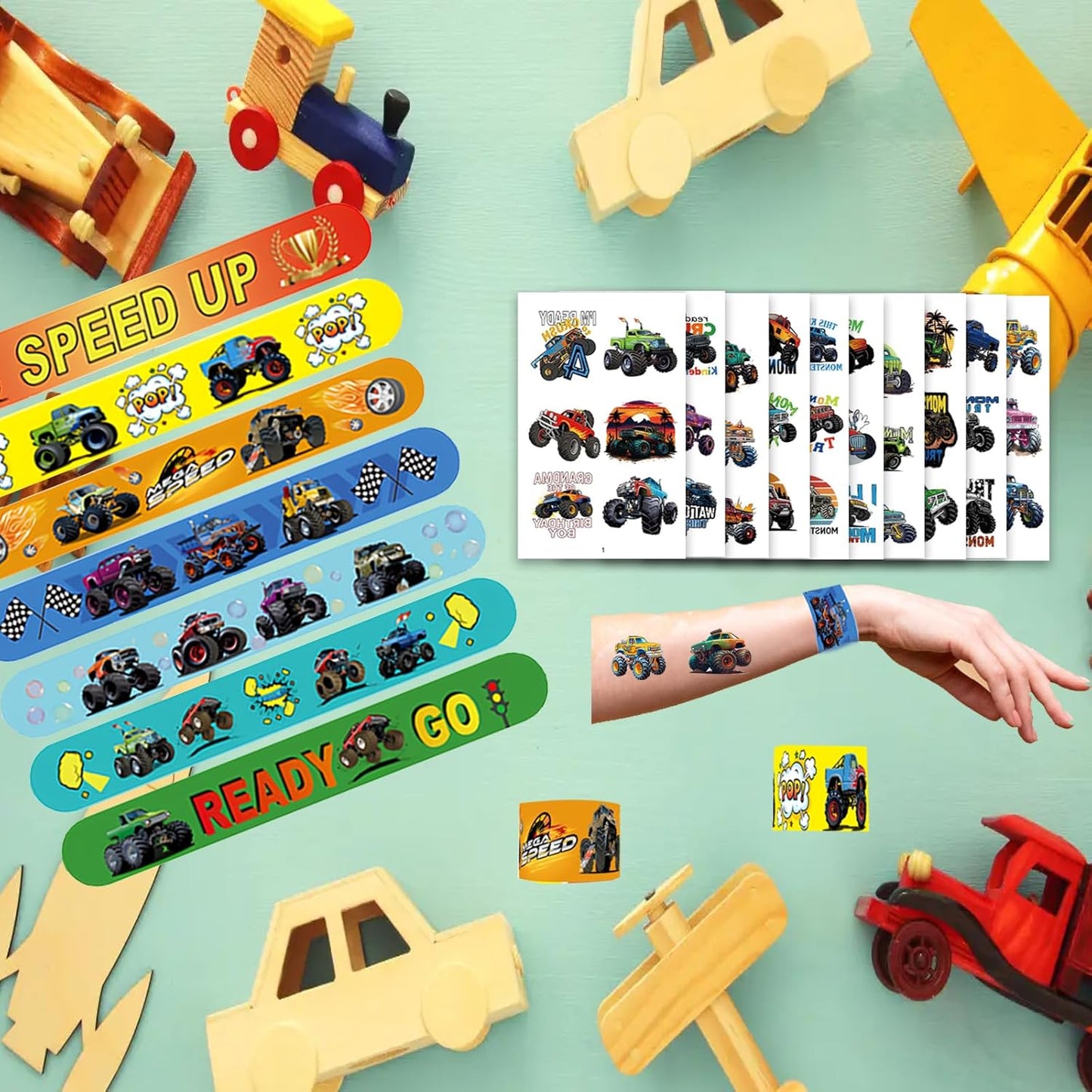 84PCS Engeering Vehicle Party Favors Set – 24pcs Slap Bracelets & 60pcs Temporary Tattoos with Construction Vehicle Designs, Engeering Theme Party Supplies for, Truck Decorations