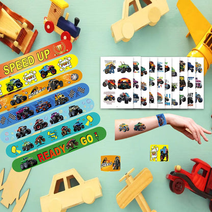 84PCS Engeering Vehicle Party Favors Set – 24pcs Slap Bracelets & 60pcs Temporary Tattoos with Construction Vehicle Designs, Engeering Theme Party Supplies for, Truck Decorations