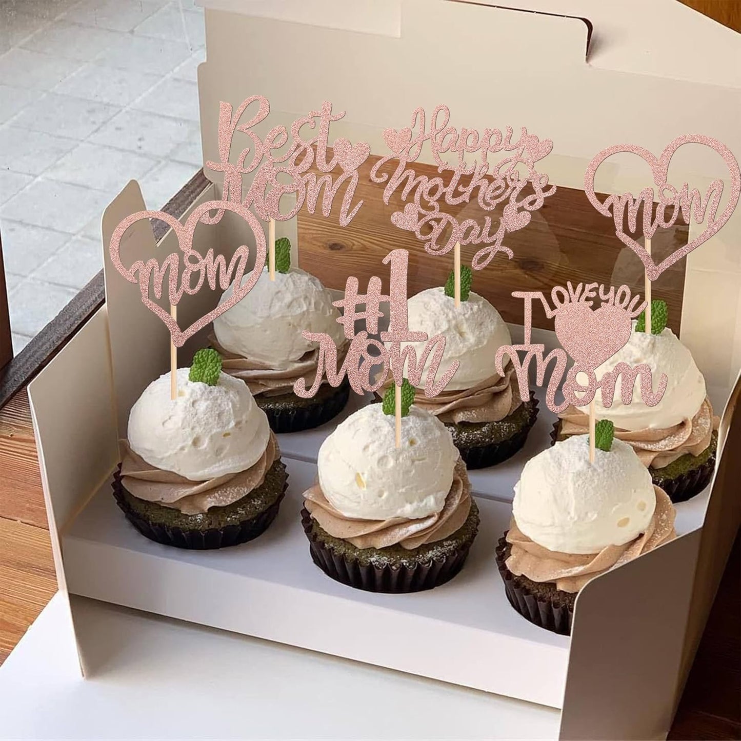 24 PCS Happy Mother's Day Cupcake Toppers with Glitter Heart Love Mother Best Mom Cupcake Picks for Happy Mother's Day Theme Women Birthday Party Cake Decorations Supplies Rose Gold