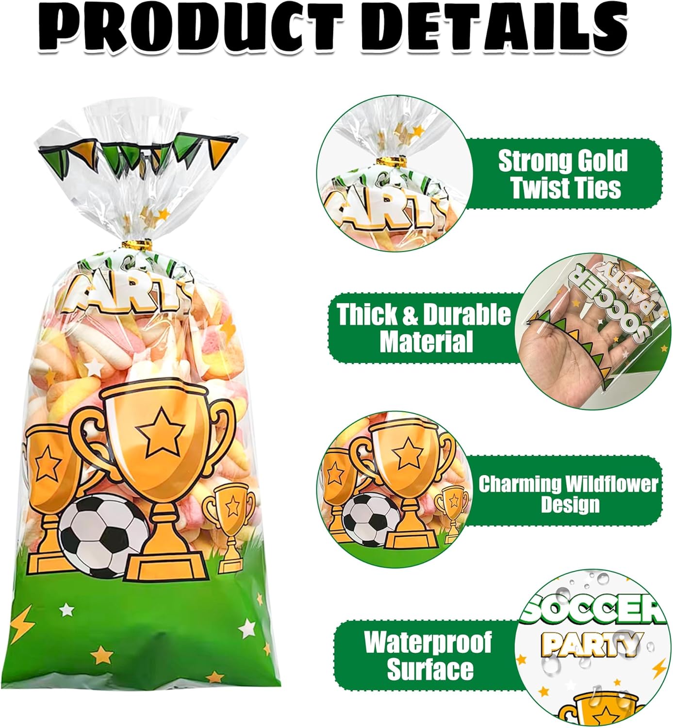 Soarvita Wildflower Cellophane Treat Bags: 50Pack Clear Plastic Floral Goodie Bags with 60 Ties for Cookies Snacks & Gift Packaging, Spring Candy Bag for Baby Bridal Shower Wedding Party Favors