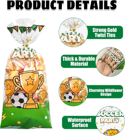 Soarvita Wildflower Cellophane Treat Bags: 50Pack Clear Plastic Floral Goodie Bags with 60 Ties for Cookies Snacks & Gift Packaging, Spring Candy Bag for Baby Bridal Shower Wedding Party Favors