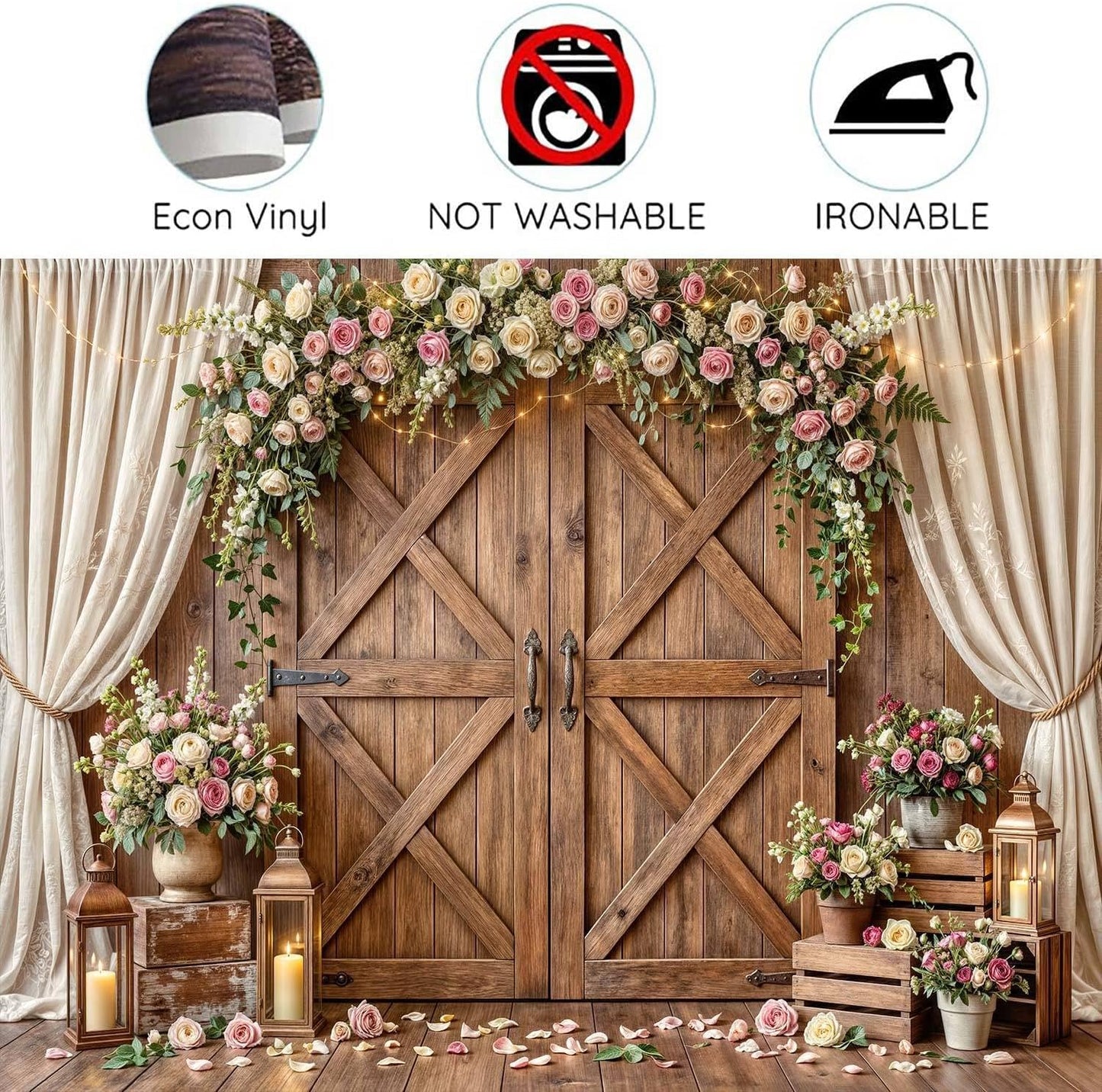 10x8ft Country Wedding Photography Backdrop Rustic Barn Door Photography Backdrop Farmhouse Pink Flower Cabin Wooden Birthday Baby Shower Wedding Bridal Party Banner Photo Booth Props Background