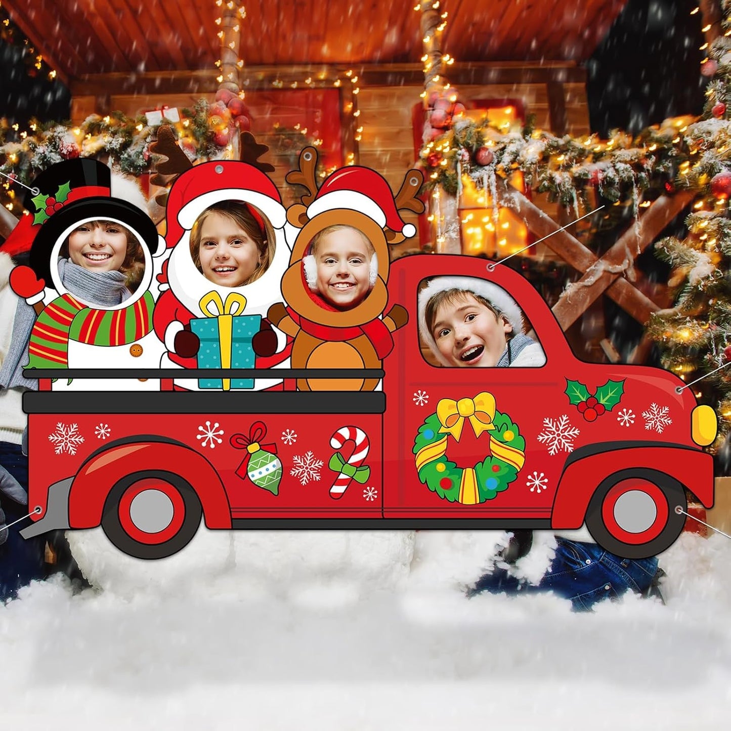 Large 75 Inch Christmas Red Truck Photo Prop Selfie Frame Christmas Party Decorations Large Fabric Red Truck Backdrop Reindeer Santa Claus Snowman Photo Booth Frame for Winter Xmas Holiday Party Decor