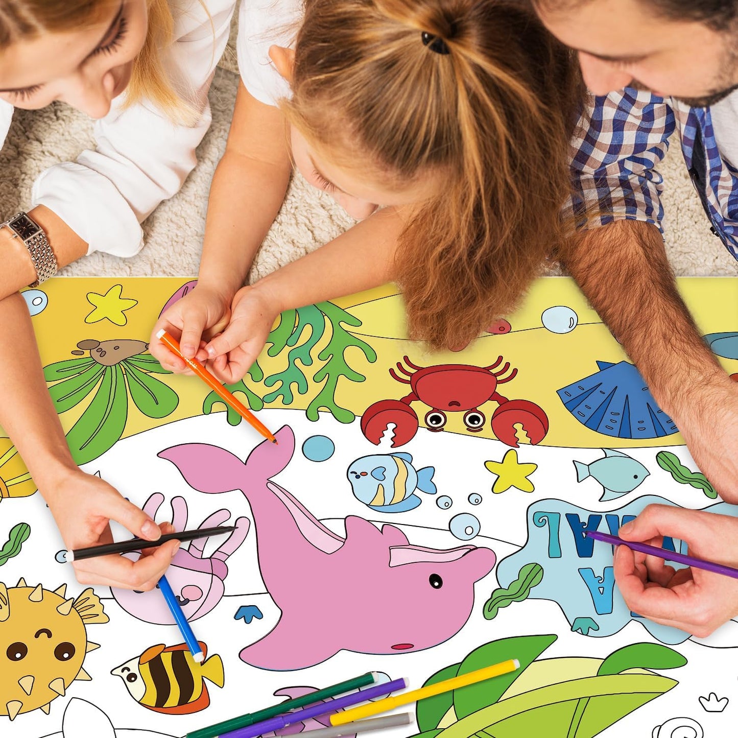 43.3x31.5 Summer Coloring Poster with Picture, Giant Cute Painting Poster, Large Coloring Tablecloth for Classroom Home Birthday Party Supplies Favor