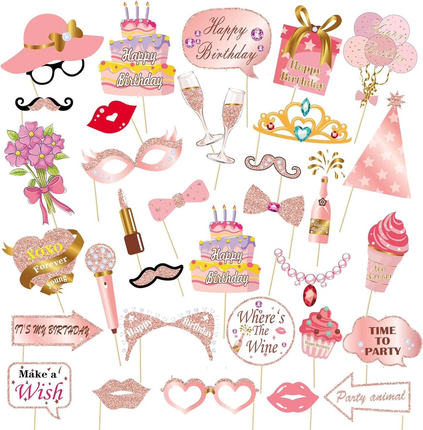33PCS Glitter Birthday Photo Booth Props, LMSHOWOWO Rose Gold Party Photobooth Props Fun Selfie Props with Lips, Crowns, Flowers, Lipsticks for All Ages Girls Women Birthday Decorations