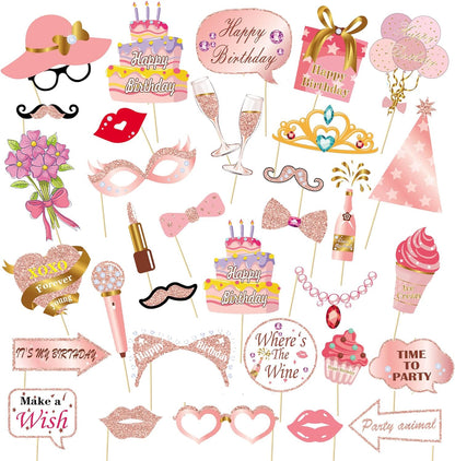 33PCS Glitter Birthday Photo Booth Props, LMSHOWOWO Rose Gold Party Photobooth Props Fun Selfie Props with Lips, Crowns, Flowers, Lipsticks for All Ages Girls Women Birthday Decorations