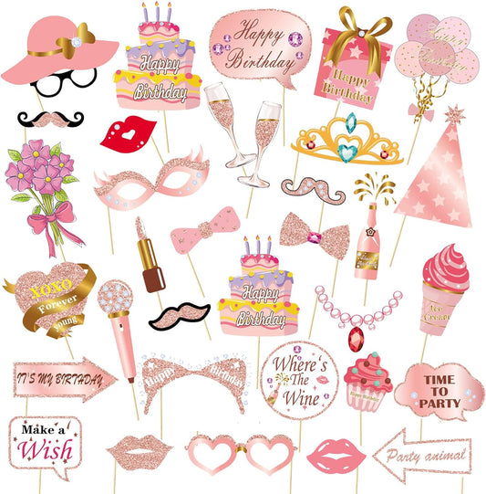 33PCS Glitter Birthday Photo Booth Props, LMSHOWOWO Rose Gold Party Photobooth Props Fun Selfie Props with Lips, Crowns, Flowers, Lipsticks for All Ages Girls Women Birthday Decorations