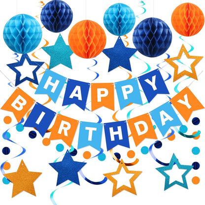 meowtastic Birthday Decorations, Happy Birthday Banner with Honeycomb Balls, Stars Hanging Swirl Streamers, Circle Dots Garland, Happy Birthday Party Decorations for Women Men Boys Girls (Blue)